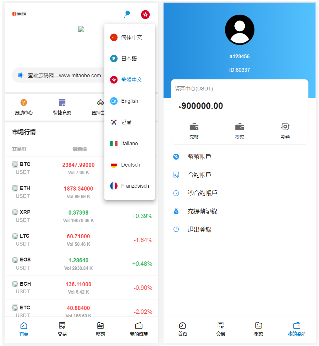 交易平台 8语言 | 币币交易区交易 秒合约交易